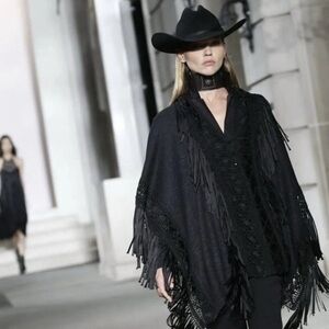 Ralph Lauren Collection Black Silk Fringe Poncho Runway Southwestern Crochet NWT